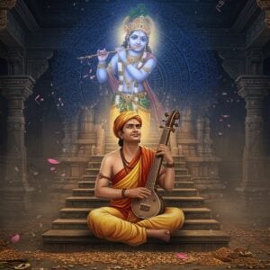 A serene portrait of Kanaka Dasa in traditional 16th-century Kannada attire, seated cross-legged on ornate stone steps of Krishna temple, holding his signature tamburi instrument. His face radiates divine devotion with eyes looking upward. Behind him, a large, intricate mandala glows in shades of deep blue and gold, incorporating traditional Kannada motifs. Lord Krishna appears as a ethereal, semi-transparent figure above, playing his divine flute. The scene is illuminated by warm, golden light streaming through temple pillars. Floating musical notes transform into lotus petals. The foreground features his famous works "Ramadhanya Charitha" depicted through scattered grains forming subtle patterns. Rendered in a fusion of traditional Mysore painting style and modern digital art, with rich colors of deep maroon, royal blue, and burnished gold. Soft mist adds mystical atmosphere while maintaining photorealistic details of architecture and fabric textures. The overall composition suggests spiritual transcendence through devotional music and poetry.