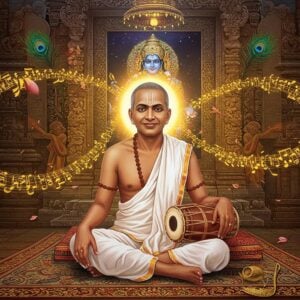A serene portrait of Kanaka Dasa in traditional white dhoti and angavastram, sitting cross-legged on a decorated stone platform before the historic Krishna temple at Udupi. His face radiates divine wisdom with gentle eyes and a peaceful smile. In his hands, he holds his signature tambura. Around him, ethereal golden light forms intricate Madhubani-style patterns featuring symbols of Krishna - peacock feathers, flutes, and lotus flowers. The background shows a stylized scene of the famous miracle where the temple wall parted, with the Krishna idol visible through a mystical window. Floating musical notes in golden hue spiral around him, transforming into glowing devotional verses. The color palette features deep royal blues, saffron, and gold with modern digital lighting effects. Dasa is adorned with simple rudraksha beads, symbolizing his humble origins. The entire scene is framed by an ornate mandala design incorporating elements of Karnataka's Hoysala architecture. The composition maintains photorealistic features while incorporating surreal, spiritual elements that blend traditional Indian art with contemporary digital aesthetics.