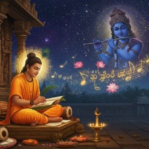 A serene evening scene depicting Kanaka Dasa in traditional 16th-century attire, seated cross-legged on an ornate stone platform outside the Krishna temple in Udupi, composing verses on palm leaves. He wears simple saffron clothing and a tulasi mala. A golden ethereal aura surrounds him, with floating musical notes and Kannada letters transforming into delicate butterflies. The temple architecture features intricate Hoysala-style carvings. In the background, a large mandala pattern merges with a cosmic vision showing Lord Krishna playing the flute. The scene is illuminated by warm diyas and moonlight, creating a mystical atmosphere. The art style combines traditional Mysore painting techniques with modern digital art elements, using deep blues, earthy saffrons, and gold accents. Floating lotus flowers, peacock feathers, and tambura instruments frame the composition. The overall mood is contemplative and spiritually elevating, with subtle glowing effects and sacred geometry patterns integrated throughout the scene.