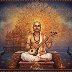A serene portrait of Kanaka Dasa in traditional Karnataka-style white dhoti and angavastra, sitting cross-legged on a carved stone platform, his eyes closed in deep meditation. His face radiates divine peace with a subtle golden aura. In his hands, he holds the signature tambura instrument. Behind him, a large, intricately detailed mandala in gold and saffron floats ethereally, incorporating motifs of Krishna and symbols of Madhwa philosophy. The background features the historic Udupi Krishna Temple in a dreamy, watercolor style. Floating lotus flowers and swirling mystical energy in shades of deep blue and gold surround him. The scene is illuminated by soft, divine light streams. Detailed Madhubani-style patterns adorn the borders, featuring peacocks and traditional Karnataka folk art elements. The overall composition combines photorealistic details with spiritual surrealism, rendered in rich, deep colors of maroon, gold, and peacock blue, with a modern digital art finish that maintains traditional Indian artistic sensibilities.