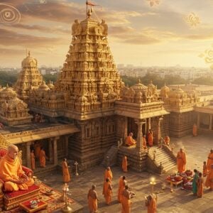 A majestic aerial view of the Kanchi Kamakoti Peetham temple complex at dawn, rendered in a blend of photorealistic and ethereal style. The golden-hued temple architecture features intricate Dravidian details with multiple ornate gopurams reaching skyward. A soft, divine light emanates from the main sanctum. In the foreground, the current Shankaracharya sits in padmasana on an elevated golden throne, wearing traditional saffron robes and rudraksha malas, surrounded by a subtle, glowing aura. Around him, devotees in contemporary Indian attire perform traditional rituals. The scene is enhanced with floating lotus flowers, swirling spiritual energy in copper and gold hues, and ethereal mandala patterns in the sky. Modern city buildings are visible in the distant background, creating a striking contrast with the ancient temple architecture. The lighting is warm and mystical, with rays of sunlight filtering through morning mist, creating a bridge between tradition and modernity. The composition includes subtle elements of the Peetham's historical significance - sacred symbols, manuscripts, and ritual objects arranged in an artistically balanced manner.