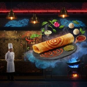 A bustling modern Indian street food scene at dusk, featuring a harmonious blend of Chinese and Indian elements. In the foreground, a sleek glass-fronted restaurant with golden mandala patterns etched on windows. An elegant Indian chef in contemporary whites artistically presents a fusion dish - dragon-shaped dosa with Schezwan chutney swirls on a black stone plate. The plate floats above mystical steam clouds in deep blue and gold. Traditional brass temple bells transformed into pendant lights cast a warm glow. The scene includes floating ingredients - saffron strands, lotus-shaped dim sums, and holy basil leaves creating a magical spiral in the air. Modern steel woks with dancing blue flames merge with traditional Indian kadais. The background shows abstract Madhubani-style patterns in neon colors forming Chinese dragons intertwined with Indian peacocks. The lighting combines traditional diyas and modern LED strips in warm gold and deep red tones. The composition should be hyper-realistic with magical realism elements, maintaining rich textures and depth.