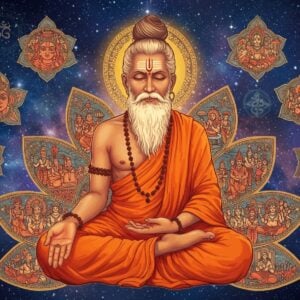 A sage-like figure with matted hair and saffron robes seated in padmasana against a cosmic background, radiating golden light. His face shows deep wisdom and serenity, with a third eye subtly glowing on his forehead. Around him float intricate Madhubani-style illustrations depicting various interpretations - a reddish-brown cow representing Kapila (the color), sacred texts representing knowledge, and the cosmic form of Vishnu. The background features a mesmerizing blend of deep blue cosmic space with golden sacred geometry patterns. Multiple ethereal lotus flowers in soft pastels float around, with each petal containing miniature scenes from Samkhya philosophy. Swirling energy patterns in peacock blue and gold connect all elements. The lighting is otherworldly with soft glows and halos, creating a dreamy atmosphere. The art style combines traditional Indian Pattachitra patterns with modern digital art techniques, featuring rich textures and intricate details. The composition includes subtle mandalas and Vedic symbols floating in the background, all rendered in a harmonious blend of deep maroons, saffron, and celestial blues.