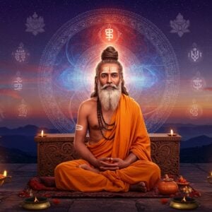 A serene ancient Indian sage with copper-colored matted hair and beard, dressed in saffron robes, seated in padmasana on a carved stone platform. His eyes radiate divine wisdom, surrounded by a subtle golden aura. Around him, intricate Madhubani-style illustrations depict the 24 tattvas of Sankhya philosophy, flowing like ethereal smoke in deep indigo and gold. The background features a cosmic mandala incorporating the three gunas - sattva, rajas, and tamas - rendered in swirling patterns of white, red, and dark blue. Sacred fire burns in brass vessels on either side, casting a warm glow. Floating lotus flowers and vedic mathematical symbols rendered in glowing light create a mystical atmosphere. The scene is set during twilight with stars beginning to appear in a deep purple sky. The art style combines hyperrealistic digital painting with traditional Indian art motifs, emphasizing both spirituality and philosophical depth. The overall composition suggests deep meditation and transcendental knowledge.