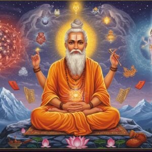 A serene Indian sage with golden-brown complexion, dressed in saffron robes, seated in padmasana on a moonlit Himalayan peak. His face radiates divine wisdom with a long flowing white beard, third eye visible on forehead, and hair tied in a jata. He's surrounded by floating geometric diagrams representing Prakriti and Purusha - one side showing 24 cosmic principles in intricate Madhubani-style mandalas, the other side depicting pure consciousness through radiant golden light. The background features ethereal visualization of the three gunas as intertwining streams of red (rajas), white (sattva), and dark blue (tamas). Sacred lotus flowers bloom around him while ancient Sanskrit manuscripts float with a subtle glow. The scene is rendered in a harmonious blend of traditional Indian miniature painting style with modern digital art techniques, featuring rich jewel tones contrasting with subtle metallics. A soft divine aura emanates from the sage, with microscopic scenes of creation emerging from his meditation visualized in delicate gold lines.
