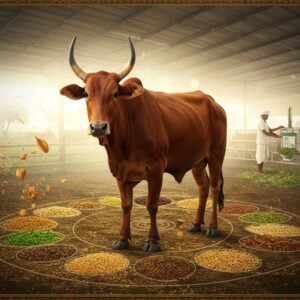 A majestic Gir cow with distinctive Kapila features (reddish-brown coat, black-tipped horns, prominent hump) standing proudly in a modern, high-tech organic farm setting. The cow is surrounded by a vibrant array of natural feed ingredients arranged in a traditional mandala pattern - fresh green fodder, golden grains, medicinal herbs, and mineral supplements. The scene is illuminated by soft, ethereal morning light creating a golden halo effect. In the background, a prosperous Indian farmer in modern attire tends to automated feeding systems while traditional Madhubani-style border patterns depicting agricultural motifs frame the scene. The art style combines hyperrealistic digital rendering with traditional Indian art elements, featuring rich earth tones (warm browns, forest greens, harvest golds) with metallic accents. Floating particle effects suggest prosperity and agricultural abundance. The overall composition emphasizes both traditional wisdom and modern scientific advancement in cattle care.