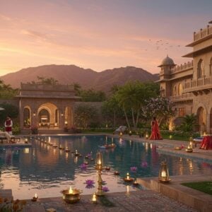 A luxurious modern Indian resort complex nestled against the backdrop of the Western Ghats mountains, captured during golden hour. The architecture features traditional Maharashtrian wada-style elements blended with contemporary design, showcasing elegant archways, warm-toned stone walls, and expansive glass windows. A pristine infinity pool reflects the sunset sky in rose gold hues, with floating lotus flowers and traditional brass diyas along its edge. In the foreground, detailed Madhubani-style patterns decorate the poolside tiles in peacock blue and gold. Two Indian couples in modern resort wear relax on designer lounge chairs, while staff members in traditional Indian uniforms serve refreshments. Lush tropical gardens with frangipani trees and marigold flowers surround the property. Soft, ethereal lighting creates a magical atmosphere, with lanterns casting a warm glow. The scene is rendered in a sophisticated digital art style with rich textures, atmospheric lighting, and photorealistic details, maintaining a perfect balance between luxury and traditional Indian aesthetics.