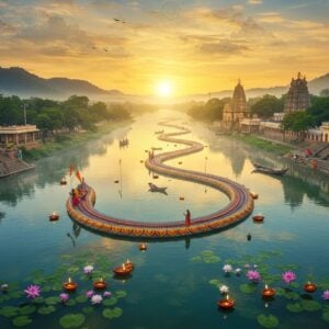 A serene aerial view of the sacred Kapila River flowing through lush green landscapes of Karnataka, rendered in a fusion of Madhubani and modern digital art style. The river appears like a golden-blue serpentine form, decorated with intricate traditional patterns along its banks. Ancient stone temples with detailed carved architecture dot the riverbanks, their reflections dancing in the crystal-clear waters. The scene features floating lotus flowers in soft pink and white, with traditional oil lamps (diyas) casting a warm golden glow on the water surface. Mystical morning mist hovers above the water, creating an ethereal atmosphere. In the background, the majestic Chamundi Hills rise against a dawn sky painted in rich saffron and deep peacock blue hues. Small boats with traditional designs navigate the sacred waters, while women in colorful sarees perform river rituals. The artwork incorporates subtle mandala patterns in the clouds and water ripples, with rays of divine light breaking through the morning sky. The overall composition harmoniously blends photorealistic elements with traditional Indian art motifs, emphasizing the river's spiritual and cultural significance.