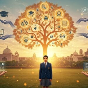 A serene scene showing a young Indian student in modern attire (navy blue blazer) standing confidently in the foreground, illuminated by ethereal golden light, while behind her rises a stylized tree of knowledge with glowing branches made of interconnected patent symbols and innovation icons. The tree's leaves are geometric Madhubani-style patterns in deep saffron and peacock blue. Multiple transparent hands emerge from the tree, offering various symbols of intellectual property - a golden key, a glowing light bulb, a digital tablet with circuits. The background features a modern university campus merging with traditional Indian architectural elements, rendered in soft pastels. Floating mandalas containing simplified representations of books, graduation caps, and innovation symbols orbit around the scene. The lighting is warm and optimistic, with soft lens flares and particle effects suggesting knowledge transfer. The overall composition follows sacred geometry principles with the golden ratio spiral leading to the central figure. Art style combines hyperrealistic digital painting with traditional Indian art motifs, emphasizing both modernity and cultural heritage.