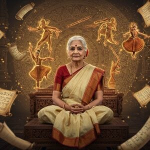 A dignified elderly Indian woman in an elegant cream silk saree with a red border, seated gracefully in Padmasana on an intricately carved wooden platform. Her silver hair is neatly tied in a bun with a small gajra, wearing simple gold earrings and a bindi. She is surrounded by floating, ethereal visualizations of classical Indian dance mudras and formations in golden light. Behind her, a large circular mandala pattern incorporates elements of Indian classical dance forms - Bharatanatyam, Kathak, Odissi, and Manipuri dancers in dynamic poses. The background features architectural elements from ancient Indian temples with dance sculptures. Multiple translucent scrolls and ancient manuscripts float around her, some partially unrolled showing classical dance notations. The scene is illuminated with warm, diffused lighting creating a scholarly yet mystical atmosphere. The art style combines traditional Madhubani patterns in the borders with modern digital art techniques, using a color palette of deep maroon, antique gold, ivory, and peacock blue. Soft particle effects suggest the transfer of knowledge and wisdom.