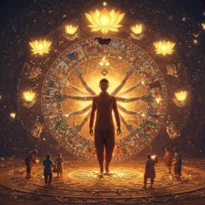 A surreal, ethereal scene showing a young Indian person in modern clothing at the center of a giant cosmic wheel of karma, with their actions rippling outward in concentric circles. Each circle shows cause-and-effect scenarios in miniature Madhubani art style - positive actions in gold and negative in deep blue. Multiple translucent hands emerge from the central figure, each performing different actions: one giving food to the poor, one planting a tree, one helping an elderly person. Above, floating golden lotus flowers transform into glowing butterflies, symbolizing transformation. The background features a mesmerizing mandala pattern in peacock blue and saffron, with intricate sacred geometry patterns. Swirling energy threads in metallic colors connect all elements, showing interconnectedness. The lighting is dramatic with a soft golden glow emanating from the center, creating a mystical atmosphere. The scene is rendered in a style blending digital art with traditional Indian Pattachitra patterns, featuring rich textures and intricate details. Small floating particles of light add a magical quality.