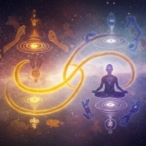 A surreal cosmic scene showing two intertwined golden threads of karma flowing through space, one representing positive actions glowing with warm saffron light, the other showing negative actions in deep indigo. The threads form an infinite loop around a central, ethereal figure of an Indian person in meditation pose, floating in lotus position. Above them, multiple translucent hands in Madhubani art style perform various actions - helping, giving, hurting - each creating ripples of energy in corresponding colors. The background features intricate mandala patterns in soft pastel blues and pinks, with sacred geometry elements. Floating celestial lotuses emit soft light, while traditional Indian motifs and patterns weave throughout the scene. The lighting is dramatic with otherworldly glow, creating a balance of light and shadow. The overall composition suggests balance, cause-and-effect, and eternal cycles. Hyperrealistic digital art style blended with traditional Indian art elements, featuring rich textures and subtle sacred symbols.