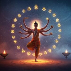 A serene Indian yogi in modern athletic wear merged with traditional dhoti, performing a dynamic warrior pose on a floating lotus platform, surrounded by a spiral of glowing karma symbols in gold and saffron. Multiple translucent arms emanate from the figure, each performing different acts of service - feeding the poor, teaching children, planting trees, and helping elderly. The background features a large, intricate mandala in Madhubani style with interconnected gears representing the cycle of karma, rendered in deep peacock blue and burnished gold. Ethereal light streams through the scene, creating a misty, spiritual atmosphere. Sacred geometric patterns float in the air, while subtle representations of the four paths of yoga appear in each corner through miniature Pattachitra-style vignettes. The color palette transitions from deep maroons and royal blues at the bottom to soft, celestial pastels at the top. Photorealistic rendering with magical realism elements, emphasizing both modern aesthetics and traditional Indian artistic motifs.