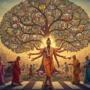 A serene Indian yogi in modern athletic wear performing seva (selfless service) in a contemporary setting, helping elderly people cross a busy street. The scene is layered with magical elements: his body emanates a soft golden aura, and subtle karma symbols float around him like ethereal mandalas. Behind him, a large, intricate tree of life in Madhubani style spreads its branches, each leaf containing tiny scenes of different acts of service. The background shows a seamless blend of modern city architecture and traditional Indian temple elements. Multiple translucent hands emerge from the yogi, each performing different acts of service - feeding birds, planting trees, teaching children. Floating lotus flowers in pastel pinks and blues create a path through the scene. The lighting is warm and spiritual, with rays of divine light filtering through. The color palette combines deep maroons, saffron, and peacock blue with modern pastel tones. Small glowing karma cycles appear as subtle sacred geometry patterns in the background. The style merges hyperrealistic digital art with traditional Pattachitra patterns in the details.
