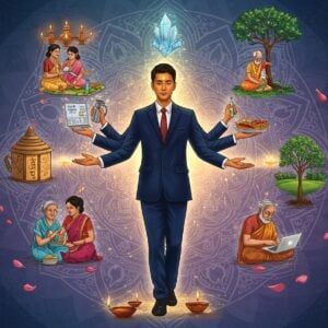 A serene scene depicting a young Indian professional in modern business attire (navy blue suit) performing multiple actions simultaneously in a mandala-shaped composition. The central figure radiates golden light while helping others - teaching children, serving food to elderly, working on a laptop, and planting trees. Each action flows into the next in a circular motion. The background features a large, intricate lotus mandala in soft pastels (lavender, mint green, rose gold) with Sanskrit symbols for karma elegantly woven in. Modern elements like electronic devices and traditional symbols like diyas seamlessly blend. Floating crystal sacred geometry patterns connect each action. The lighting is ethereal with soft glows and lens flares in warm golden tones. The art style combines hyperrealistic digital painting with traditional Madhubani patterns in metallic accents. Small details include floating lotus petals, spiral energy lines, and subtle Om symbols integrated into the mandala design. The overall color scheme transitions from deep blues and purples at the edges to bright golden light at the center, creating depth and drawing focus to the central figure's peaceful expression.
