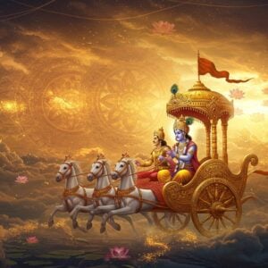 An ethereal scene depicting Lord Krishna as a divine charioteer guiding Arjuna's golden chariot through a cosmic landscape, rendered in a fusion of traditional Madhubani and modern digital art. Krishna appears radiant in peacock-blue complexion, wearing a magnificent golden crown with peacock feather, while Arjuna in royal warrior attire sits beside him. The chariot is adorned with intricate mandala patterns and lotus motifs in gold filigree. The background shows multiple translucent layers of karma wheels in saffron and gold, spinning in different directions. Floating lotus flowers emit soft pastel auras, while streams of golden light represent selfless actions flowing upward. The scene is surrounded by glowing threads of destiny in shades of maroon and deep blue, interconnecting in sacred geometric patterns. The lighting is otherworldly with warm golden rays filtering through clouds, creating a dreamy atmosphere. The art style combines hyperrealistic details with surreal elements, featuring rich textures and metallic accents. The overall composition suggests spiritual transformation and divine guidance.