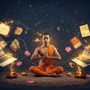 A serene Indian yogi in modern athletic wear performing seva (selfless service) in a contemporary setting, surrounded by floating, ethereal books and digital devices emitting golden light. The background features a large, intricate mandala pattern in deep indigo and gold, with Sanskrit symbols for karma floating in spiral patterns. On one side, traditional scrolls and ancient texts blend seamlessly into modern tablets and laptops, all connected by flowing lines of light. The scene is illuminated by soft, warm lighting with hints of peacock blue and saffron. Lotus flowers in pastel pink emerge from digital interfaces, while Madhubani-style patterns frame the composition. The yogi's face reflects deep peace and concentration, with a subtle golden aura. Digital particles and traditional Indian motifs merge in the air, creating a bridge between ancient wisdom and modern learning. The overall composition follows sacred geometry principles, with the golden ratio evident in its layout. Hyperrealistic digital art style with elements of traditional Indian art forms, emphasizing both spirituality and contemporary relevance.