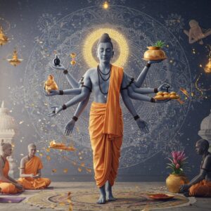 A serene Indian yogi in contemporary clothing performing multiple actions simultaneously in a surreal, ethereal composition - teaching a group, serving food to the needy, meditating, and tending to plants. The figure appears translucent with a golden aura, showing detachment from the actions. The background features a large, intricate mandala in subtle pastels (soft blues, lavenders, and pearl white) with lotus motifs. Sacred geometry patterns flow through the scene like ethereal threads, connecting all actions. Floating golden particles and light orbs suggest spiritual energy. The scene is set in a modern minimal space with elements of both traditional and contemporary architecture. Multiple transparent hands emerge from the central figure, each performing different acts of service with a peaceful expression. Soft gradient lighting creates depth and dimensionality. The art style combines hyperrealistic digital rendering with traditional Pattachitra patterns in the details. The overall mood is peaceful and inspiring, with a balanced color palette of deep indigos, burnished golds, and soft whites.