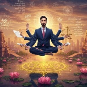 A serene Indian businessman in a modern navy blue suit, seated in padmasana (lotus position) floating above a stylized golden chakra wheel. His posture reflects perfect balance while multiple translucent arms extend from his body, each performing different business actions - one hand signing documents, another shaking hands, one holding a scales of justice, and one offering help to others. The background features a mesmerizing blend of corporate skyscrapers merging with traditional Indian temple architecture, rendered in soft pastels of rose gold and peaceful blue. Sacred geometric patterns and mandalas float in the air, created from flowing streams of ethical business principles written in Sanskrit. Ethereal light rays in saffron and white illuminate the scene from above. The foreground shows a blooming lotus pond reflecting the modern cityscape, with each lotus representing different aspects of karma yoga - service, duty, and righteousness. The art style combines hyperrealistic digital painting with traditional Madhubani patterns in the details, creating a harmonious blend of modern and traditional elements. The lighting is warm and spiritual, with a soft golden glow encompassing the entire scene.