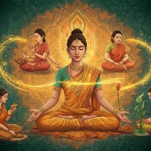 A serene Indian woman in modern yoga attire with traditional elements, performing seva (service) in multiple ethereal overlapping scenes - feeding the poor, teaching children, and tending to plants, each action emanating golden light trails. The central figure radiates inner peace with a subtle aura in soft pastels. Behind her, a large intricate mandala in Madhubani style flows with cosmic energy in shades of deep saffron and turquoise. The background features stylized karma symbols including the dharma wheel and lotus flowers in modern geometric patterns. Floating golden threads connect all activities, suggesting interconnectedness. The lighting is dreamy with soft highlights and warm undertones. The scene is composed in a circular flow, suggesting the cyclical nature of karma. Art style combines hyperrealistic digital rendering with traditional Indian art patterns, emphasizing both modern aesthetics and timeless wisdom. The overall mood is peaceful, inspiring, and spiritually uplifting with a contemporary feel.