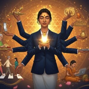 A serene Indian woman in modern business attire (navy blue blazer) performing multiple actions simultaneously in a flowing, mandala-inspired circular composition. Her central figure radiates golden light, while ethereal copies of herself extend outward like a lotus - one helping an elderly person cross the street, another teaching children, another serving food to the needy, and another working at a computer. Each action flows into the next through intricate Madhubani-style patterns in deep peacock blue and saffron. The background features a large, translucent Sri Yantra sacred geometry pattern in soft gold. Floating lotus petals and subtle light orbs surround the scene. The lighting is warm and spiritual, with soft highlights emphasizing each selfless action. The art style merges digital sophistication with traditional Indian art elements, incorporating flowing lines and detailed patterns. The woman's expression is peaceful and focused, with a subtle golden aura around her. Small elements of modern life (smartphones, laptops) blend seamlessly with traditional motifs and spiritual symbols.