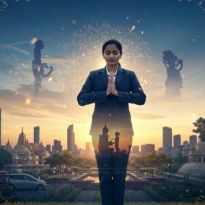A serene, futuristic cityscape at sunrise where traditional Indian architectural elements blend seamlessly with modern skyscrapers. In the foreground, a young Indian professional woman in contemporary business attire (navy blue suit) performs Namaste while her silhouette transforms into multiple versions showing her simultaneously helping elderly people, teaching children, and planting trees. The scene is overlaid with a subtle, glowing golden mandala pattern. Modern elements like electric vehicles and solar panels are visible, yet integrated with traditional elements like lotus pools and temple spires. The lighting creates a dramatic interplay of golden morning light and blue-tinted glass buildings. Multiple translucent layers show the same person performing different selfless actions, creating a visual representation of Karma Yoga. The art style combines hyperrealistic digital art with traditional Madhubani patterns in the margins. Ethereal light particles float upward, creating a spiritual atmosphere. The color palette features deep blues, modernistic silver, warm golds, and subtle saffron tones.