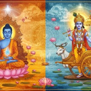A serene split-screen composition divided by a flowing golden river - on the left, Lord Buddha in meditation pose on a lotus throne, radiating soft blue light, wearing saffron robes with intricate Madhubani-style patterns. On the right, Krishna as the cosmic charioteer from Bhagavad Gita, holding reins in two hands, with a warm golden aura. The background features intertwining wheels of dharma in deep maroon and golden chakras, creating a mesmerizing mandala pattern. Floating lotus flowers in pastel pink transition between both sides. Above them, ethereal clouds form the shape of karma's endless cycle. The scene is illuminated by divine light streams in peacock blue and saffron. The art style combines traditional Pattachitra line work with modern digital gradients and lighting effects. Multiple translucent layers of sacred geometry patterns overlay the entire scene. Small details include floating incense smoke, glowing spiritual symbols, and delicate flower petals. The overall color palette focuses on gold, deep blues, soft whites, and warm saffron, creating a harmonious spiritual atmosphere.