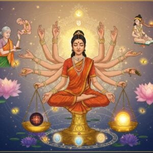 A serene Indian woman in modern attire blended with traditional elements, seated in lotus position on a giant golden cosmic scale, symbolizing karma. The scale holds glowing spheres - one dark representing negative actions, one bright representing positive actions. Around her, intricate Madhubani-style patterns form a circular mandala showing interconnected cycles of cause and effect. Multiple ethereal hands emerge from behind her, each performing different actions - one helping elderly, one sharing food, one studying, one in meditation. The background features a gradient from deep indigo to soft gold, with floating lotus flowers and subtle sacred geometry patterns. Swirling energy streams in pastel blues and whites connect all elements. The lighting is dreamy with soft highlights on the woman's peaceful face. The art style combines photorealistic rendering with traditional Indian art motifs, creating a modern spiritual aesthetic. Small glowing butterflies representing transformation scatter throughout the scene.