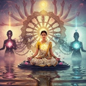 A serene Indian woman in a flowing white and gold saree seated in padmasana on a reflective lotus platform, her face peaceful and radiant. Behind her, a large ethereal cosmic wheel (karma chakra) spins slowly, created from intertwined golden light threads and traditional Madhubani patterns. The wheel casts broken chains made of dark smoke that dissolve into butterflies and lotus petals. Two translucent silhouettes of the same woman appear on either side - one dark and burdened, transforming into the other that's light and free, symbolizing transformation. Floating mandalas with intricate patterns in soft pastels (rose pink, mint green, lavender) illuminate the background. Sacred geometry patterns emerge from her heart chakra in warm golden light. The scene is set in a dreamy, metaphysical space with swirling energy trails in peacock blue and saffron. Multiple hands made of light reach down from above, offering lotus flowers, representing divine grace. Water ripples below reflect the entire scene, creating perfect symmetry. Art style combines hyperrealistic digital painting with traditional Indian motifs, emphasizing spiritual symbolism and transformation.