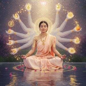 A serene Indian woman in a flowing pastel peach silk saree meditating in a lotus position, floating above a reflective pool of water. Around her, golden karma symbols and lotus flowers orbit in a spiral pattern. Her peaceful expression radiates gratitude, with a subtle golden aura surrounding her. The scene is set in a mystical garden with ethereal light filtering through crystal-like mandala patterns in the sky. Multiple translucent hands emerge from behind her in a circular pattern, each holding different symbols of prosperity - a lotus, a coin, a fruit, and a glowing light. Scattered rose petals and tiny points of light float in the air. The color palette combines soft pastels with deep, rich golds and royal purples. The background features intricate Madhubani-style patterns that fade into modern geometric designs. The lighting creates a dreamy atmosphere with soft golden rays and subtle lens flares. The composition should blend traditional Indian art elements with contemporary digital art techniques, maintaining a sophisticated and elegant aesthetic. Photorealistic rendering with magical realism elements.