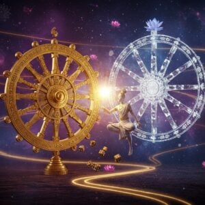 A mystical Indian scene with two intertwined cosmic wheels - one golden wheel of karma with intricate Sanskrit engravings and traditional Madhubani patterns, another crystalline wheel of fortune with sparkling stars and swirling cosmic energy. A serene Indian figure in meditation pose floats between the wheels, wearing flowing white robes with gold trim. The figure's right hand reaches towards the karma wheel, showing purposeful action, while the left hand catches falling golden dice, representing chance. The background features a dreamlike galaxy in deep purples and blues, with glowing mandalas and lotus flowers floating ethereally. Surrounding the scene are multiple translucent paths made of golden light, some straight and deliberate, others winding and unpredictable, all merging into one destiny path. Sacred geometry patterns and delicate Pattachitra-style border details frame the composition. The lighting creates a dramatic interplay of light and shadow, with soft glows and sharp divine rays. photorealistic, highly detailed, cinematic lighting, hyperrealistic digital art style.