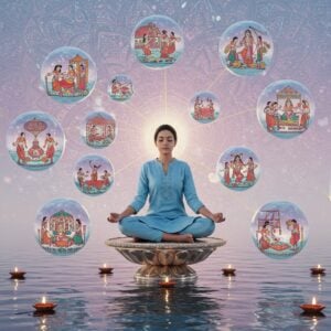 A serene young Indian woman in a contemporary pastel blue kurta meditating on a floating lotus platform, her eyes closed in peaceful concentration. Multiple translucent spheres orbit around her, each containing different daily life scenes in Madhubani art style - cooking, working, exercising, and helping others. A golden thread of light connects these spheres, symbolizing karma. The background features a large, intricate mandala in soft rose gold and silver tones that emanates gentle ripples of light. Ethereal butterflies in iridescent colors flutter around her. The foreground shows clear, still water reflecting the scene, creating perfect symmetry. Small floating diyas with glowing flames add warm highlights. The overall color palette consists of peaceful pastels - soft blues, lavender, rose gold, and silver with subtle touches of deep purple. The art style combines hyperrealistic digital rendering with traditional Indian artistic elements, creating a modern spiritual aesthetic. Dramatic lighting emphasizes the central figure while maintaining a dreamy, meditative atmosphere.