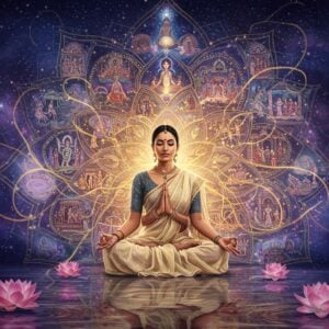 A serene Indian woman in a flowing ivory silk saree seated in padmasana (lotus position) against a cosmic backdrop, where golden threads of karma weave through time and space in spiral patterns. Multiple ethereal versions of herself at different life stages emerge from these threads, each showing growth and transformation. The background features a large, intricate mandala made of interconnected lotus flowers, with each petal containing miniature scenes of life lessons. Swirling energy patterns in deep indigo and celestial gold connect these scenes. Sacred geometry patterns float in the space, with soft glowing orbs of light representing past and future karma. The foreground shows a reflective pool with floating lotus flowers, each creating ripples that transform into sacred Sanskrit symbols. The lighting is dreamy and otherworldly, with soft violet and gold highlights. The art style combines traditional Madhubani patterns in the details with modern digital art techniques, creating a surreal yet sophisticated aesthetic. Depth of field effect with floating crystal prisms refracting light into rainbow patterns.