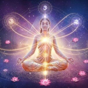 A serene Indian woman in lotus position floating in ethereal space, her body semi-transparent and overlapped with a more luminous version of herself representing her higher self. She wears a flowing white and gold silk dress. Multiple golden threads of light connect both forms, symbolizing karma. Around her, intricate Madhubani-style mandalas spin slowly, each containing scenes of past, present, and future actions. The background features a cosmic gradient of deep indigo to soft purple, with scattered stars and constellation patterns. Floating lotus flowers emit soft, pastel pink light. Sacred geometry patterns in gold thread weave through the scene. A subtle aura in shades of violet and white surrounds both forms. The art style combines hyperrealistic digital rendering with traditional Indian art elements, featuring rich textures and flowing lines. The lighting is dreamy and spiritual, with emphasis on golden hour glow and ethereal light rays. Multiple translucent chakra symbols float between the two forms, connected by streams of light.