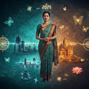 A serene cosmic scene showing a modern Indian businesswoman in a contemporary office outfit merged with her traditional self in a saree, forming a yin-yang pattern. The modern half shows sleek glass buildings, digital devices, and corporate symbols, while the traditional half displays ancient temples, meditation poses, and sacred geometry. Floating around them are golden karma wheels and digital clocks showing 2025, interconnected by glowing energy streams. The background features a large, intricate mandala pattern with modern circuit board designs within its patterns. Ethereal butterflies made of light represent transformation, while cause-and-effect symbols float in a spiral pattern. The color palette combines deep indigos and teals with warm golds and saffrons. Sacred lotus flowers emerge from digital pools, while traditional Madhubani patterns seamlessly blend with modern holographic elements. The lighting creates a divine atmosphere with soft golden rays filtering through the scene, highlighting the eternal nature of karmic principles in a contemporary setting. The overall composition maintains perfect balance between traditional Indian artistic elements and futuristic digital aesthetics.