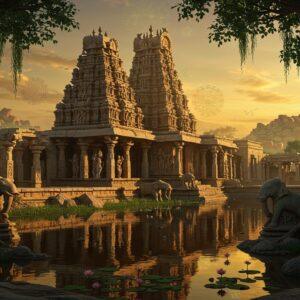 A majestic panoramic view of Hampi's Virupaksha Temple during golden hour, with its towering gopuram reflected in a serene water body. In the foreground, intricately carved stone elephants and ornate pillars from Pattadakal blend seamlessly with the landscape. The scene features ancient Hoysala-style architecture with detailed wall carvings and sculptures. The sky displays a surreal mix of deep saffron and peacock blue, with floating mandala patterns inspired by Chalukyan art. Mystical golden light streams through the temple columns, illuminating the weathered stone structures. Dancing apsaras, carved in traditional Dravidian style, seem to come alive along the temple walls. The composition includes massive granite boulders characteristic of Hampi, with delicate lotus flowers growing between them. The scene is rendered in a fusion of hyperrealistic digital art with traditional Hoysala-period artistic elements, featuring rich textures, deep shadows, and ethereal lighting. Ancient banyan trees with hanging roots frame the scene, their leaves shimmering with golden highlights. The overall atmosphere suggests timeless grandeur and spiritual significance, with subtle references to both Hindu and Jain architectural influences.
