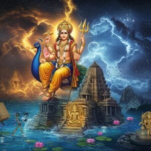 A majestic Lord Kartikeya seated on his divine peacock mount against a cosmic backdrop, wielding his golden Vel (spear) in his right hand. He wears traditional golden armor with intricate Sanskrit patterns. In the foreground, an ancient stone temple partially submerged in mystical blue waters, with floating lotus flowers emitting ethereal light. The scene is split diagonally - one half showing modern archaeological tools, maps, and a golden Krishna idol, while the other half reveals ancient celestial charts, sacred geometry patterns, and mystical Sanskrit manuscripts. Swirling energy patterns in deep blues and golds connect both halves. The lighting is dramatic with golden rays piercing through clouds, creating a divine atmosphere. The art style combines hyperrealistic rendering with Indian Tanjore painting influences, featuring rich metallics and jewel tones. Hidden symbols like the Om, swastika, and yantras are subtly integrated into the temple architecture.