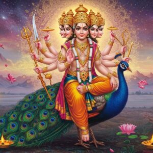 A majestic Lord Kartikeya seated on his royal blue and emerald green peacock mount against a cosmic backdrop with swirling golden mandalas. He appears as a handsome young warrior prince with six heads wearing golden armor and crown adorned with rubies. His twelve arms hold traditional weapons - Vel (spear) in the primary right hand, other hands holding sword, bow, arrow, mace, shield, bell, lotus, discus, shakti, and two hands in abhaya and varada mudras. The peacock's feathers shimmer with intricate Madhubani-style patterns in iridescent blues and greens. A soft ethereal glow emanates from his form, with floating lotus flowers and spiritual symbols in warm gold and saffron hues surrounding him. The background features subtle hints of celestial realms with mystical mountains and flowing rivers rendered in pastel pink and blue tones. Modern digital art style with hyperrealistic details while maintaining traditional Indian art sensibilities. The overall composition creates a powerful yet serene atmosphere with dynamic energy flow patterns and sacred geometry elements.