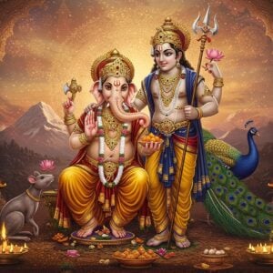 A majestic scene depicting Lord Kartikeya and Lord Ganesha in divine brotherly embrace against a celestial backdrop. Lord Ganesha, with his elephant head, four arms holding modak, broken tusk, ankusha, and blessing pose, adorned in rich red and gold silk dhoti. Lord Kartikeya, tall and handsome, wearing peacock-feather crown, holding his divine spear Vel in right hand, left hand on Ganesha's shoulder, dressed in royal blue and gold armor. Their divine vehicles - Ganesha's mouse and Kartikeya's peacock - peaceful beside them. Background features intricate Madhubani-style mandalas in gold and copper tones, with Mount Kailash silhouette. Soft ethereal light bathes the scene in warm golden glow. Floating lotus flowers and subtle sparkles add mystical element. Sacred symbols like Om and swastikas delicately woven into detailed border patterns. Style combines hyperrealistic digital rendering with traditional Indian art motifs, emphasizing both divine majesty and brotherly affection. The color palette features deep maroons, royal blues, rich golds, and emerald greens.