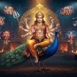 A majestic Lord Kartikeya seated on his celestial peacock mount against a cinematic backdrop blending ancient temple architecture with modern city skylines. The deity is portrayed in a dynamic pose, six-armed, wielding his divine vel spear in his primary right hand, a bow in his second right hand, an arrow in his third right hand, a sword in his primary left hand, a shield in his second left hand, and displaying abhaya mudra with his third left hand. He wears contemporary-styled golden armor that maintains traditional elements, adorned with vibrant red and gold garments. His peacock mount is rendered in iridescent blues and greens with intricate digital particle effects. The background features multiple screens showing various depictions of Kartikeya from modern media, floating in a spiral pattern. A soft golden light emanates from his form, while digital glitch effects and camera reels seamlessly blend with traditional Madhubani patterns in the border. The scene is illuminated by both modern studio lights and traditional temple diyas, creating a dramatic contrast. The color palette combines deep maroons, peacock blues, and metallic golds with modern neon accents. Hyperrealistic digital art style with cinematic lighting and composition.