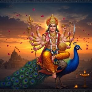 A majestic Lord Kartikeya riding his peacock vahana against a dramatic sunset sky, depicted in his six-armed form, holding Vel (spear) in his primary right hand, shield in left, remaining hands holding various divine weapons. He appears as a young, handsome warrior-god with a serene expression, adorned in golden armor and crown. The background shows a fading gradient from North to South India, where the North appears in muted, cooler tones with ancient temple ruins and empty shrines, while the South glows vibrantly with active temples and devotees. His peacock's feathers transition from ethereal blue-green in the South to translucent, ghost-like forms in the North. Traditional Madhubani-style border patterns frame the scene, featuring peacock motifs and vel (spear) symbols. Soft, divine light emanates from his form, creating a mystical atmosphere. The art style combines hyperrealistic digital rendering with traditional Indian art elements, using a color palette of deep blues, rich golds, saffron, and emerald green. Floating lotus petals and subtle mandalas add spiritual symbolism to the composition.