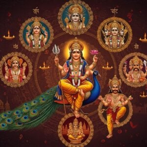 A majestic portrayal of Lord Kartikeya in six different regional avatars arranged in a circular mandala composition, each form seamlessly transitioning into the next. The central figure shows him as Murugan from Tamil Nadu, wearing a vibrant peacock-feather dhoti, wielding his divine Vel spear in his right hand, seated on his peacock vahana. Surrounding him are his forms as Subrahmanya (Karnataka) with sacred thread, Skanda (North India) in royal armor, Kumara (Bengal) with a lotus crown, Mahasena (Maharashtra) in warrior stance, and Shanmukha with six faces. Each avatar radiates distinct golden aura patterns inspired by regional art styles. The background features intricate Madhubani-style patterns in deep maroon and peacock blue, with small visual elements representing each region - Tamil temple architecture, Bengali alpana designs, Maharashtrian fort silhouettes. His peacock mount's feathers create flowing patterns connecting all forms. The lighting is ethereal with soft golden glow emanating from each form, while floating lotus flowers and Devanagari symbols fade into the background. The color palette combines rich traditional colors with modern gradient effects, creating a surreal, spiritual atmosphere. Hyperrealistic digital art style with strong attention to traditional iconographic details.