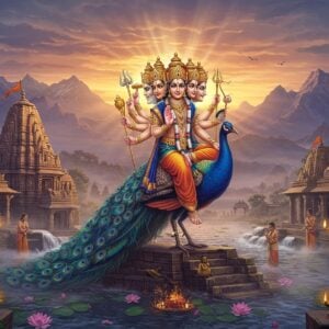 A majestic visualization of Lord Kartikeya riding his celestial peacock mount against a dawn-lit Himalayan backdrop, his six heads adorned with golden crowns, each face radiating divine light. In his six hands, he holds a vel (divine spear), vajra, sword, bow, arrow, and a lotus. His peacock mount is intricately detailed with shimmering blue-green feathers that seem to glow with spiritual energy. The foreground features an ancient stone temple with South Indian Dravidian architecture, its gopuram adorned with intricate carvings and golden finials. Surrounding the temple are flowing streams, symbolic of sacred rivers, with lotus flowers floating on their surface. The scene is enhanced with ethereal mist and golden light rays breaking through clouds. The color palette includes deep peacock blues, royal purples, burnished gold, and sunrise oranges. The art style combines traditional Thanjavur painting techniques with modern digital art, featuring metallic accents and a dreamy, spiritual atmosphere. Small details include devotees performing circumambulation around the temple, traditional oil lamps, and carved peacock motifs on temple pillars. Hyperrealistic rendering with mystical elements.