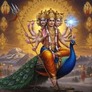 A majestic Lord Kartikeya with six faces and twelve arms, riding his celestial peacock mount against a cosmic background filled with swirling golden mandalas. His primary right hand holds the gleaming Vel spear emitting divine blue light and spiritual energy. He wears ornate golden armor with intricate traditional Indian patterns, adorned with precious gems. The peacock's feathers are iridescent with vibrant blues and greens, creating a mesmerizing pattern. The background features ethereal mountain peaks of Kailash shrouded in mystical mist. Multiple celestial devas float in reverence around him. The scene includes subtle symbols like lotus flowers, yantra patterns, and flowing energy streams in warm gold and saffron hues. The lighting is dramatic with divine rays emanating from the Vel, casting a supernatural glow. Art style combines hyperrealistic digital rendering with traditional Indian Pattachitra elements, creating a modern yet culturally authentic appearance. The composition emphasizes the power and divinity of the Vel through dynamic energy swirls and light effects.