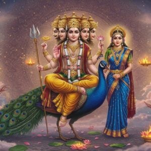 A majestic scene depicting Lord Kartikeya seated on his peacock vahana, rendered in a blend of traditional Madhubani and modern digital art style. He appears as a handsome warrior prince with six heads, adorned in golden armor and holding his divine spear Vel in his right hand. On his right side stands Devasena, daughter of Indra, wearing a celestial blue and gold silk saree with divine jewelry, emanating a heavenly aura with subtle golden light. On his left stands Valli, in a forest green and gold saree with tribal jewelry, surrounded by emerald vines and forest elements. The background features an intricate mandala pattern in deep maroon and gold, with peacock feather motifs. Floating lotus flowers and divine light particles surround them. The scene is set in a mystical realm with ethereal clouds in soft pastel pinks and blues. The art style combines hyperrealistic details with surreal elements, featuring rich colors like deep blues, gold, and forest greens. The composition should have a triangular harmony with Kartikeya slightly elevated between his two consorts.