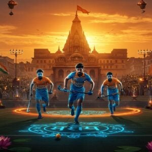 A dynamic scene of a stylized hockey field in Varanasi with the iconic Kashi Vishwanath temple silhouetted in the glowing orange background, its golden spires reflecting sunset light. In the foreground, three muscular Indian hockey players in modern electric blue and saffron uniforms with 'Kashi Rudras' emblem (featuring Shiva's damru) charge forward in perfect formation. Their movements leave behind trailing effects in shades of deep blue and orange. The field itself has mystical Vedic patterns and traditional rangoli designs illuminated in neon blues. Ancient stone steps of ghats transform into modern stadium seats filled with enthusiastic spectators holding diyas and team flags. Floating lotuses and rudraksha beads frame the scene, while a ethereal mist carries the essence of incense. The art style combines hyperrealistic sports photography with traditional Varanasi art motifs, featuring dramatic lighting with gold and electric blue as dominant colors. The overall composition suggests power, spirituality, and modern sportsmanship merging with ancient heritage.