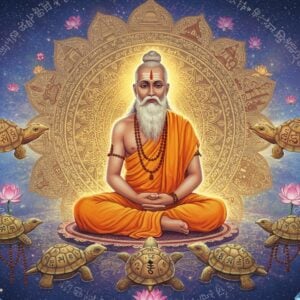 A majestic figure of Sage Kashyapa in traditional Indian ascetic attire (saffron dhoti, rudraksha malas) seated in padmasana on a cosmic lotus platform, his form semi-transparent and ethereal. Behind him, a grand circular mandala divides into four distinct quarters, each representing different cultural interpretations: Hindu section shows vedic symbols and peacocks, Buddhist quarter displays stupas and sacred geometry, Chinese portion features dragons and yin-yang symbols, and Central Asian section shows ancient Turkic motifs. Kashyapa's aura radiates golden light, creating intricate Madhubani-style patterns in the air. Six celestial turtles (representing his role in creation myths) float around him, each adorned with different cultural symbols. The background transitions from deep cosmic blues to spiritual gold, with subtle sacred texts floating as light particles. Floating lotus flowers, prayer beads, and crystal formations surround the scene. The art style merges hyperrealistic digital rendering with traditional Pattachitra patterns, emphasizing fine details and spiritual symbolism. Soft glowing orbs of light in pastel blues and golds illuminate the scene.
