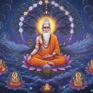 A majestic scene depicting the ancient sage Kashyapa in detailed traditional Indian attire, seated in padmasana on a cosmic lotus floating in ethereal space, his form illuminated by divine golden light. He has a long white beard, serene expression, and a glowing third eye. Seven stars of the Saptarishi constellation form a luminous arc above him. In the background, a massive cosmic tree (representing lineage) with intricate Madhubani-style patterns on its branches extends upward, its roots merging with flowing celestial rivers. Surrounding the sage are symbolic elements: a tortoise (his vahana), peacocks, and serpents (representing his children) rendered in ornate Pattachitra style. The color palette features deep indigo blues, cosmic purples, and radiant golds. Multiple smaller lotuses float around, each containing miniature scenes of ancient rishis in meditation. The entire composition is framed by a large, intricate mandala with Sanskrit-inspired geometric patterns glowing with ethereal light. Ethereal mist and celestial particles float through the scene, creating a dreamlike atmosphere. The art style combines photorealistic elements with traditional Indian art motifs, emphasizing both spiritual depth and modern aesthetic appeal.