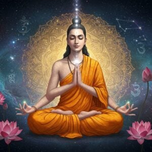 A serene Indian yogi in lotus position performing Kashyapa Mudra against a cosmic background, hands positioned with tips of middle fingers touching thumbs while other fingers remain extended. The figure wears flowing saffron robes with intricate Madhubani-style golden patterns. A large, translucent golden mandala radiates behind them, surrounded by smaller floating mandalas in deep blue and turquoise. Ethereal energy streams in shades of pale gold and soft blue flow from the mudra position. Sacred geometry patterns and ancient Sanskrit symbols float in the background. The scene is illuminated by a soft, divine light creating an aura around the yogi. Lotus flowers in various stages of bloom float around, with detailed Pattachitra-style borders. The yogi's face shows deep meditation and peace, with a subtle golden glow. Multiple translucent cosmic layers add depth, featuring constellations and sacred symbols. Hyperrealistic digital art style with mystical elements, emphasizing both traditional and modern spiritual aesthetics.