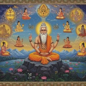 A majestic ancient Indian sage with long silver-white beard, wearing saffron-colored dhoti and angavastram, seated in padmasana on a mystical mountain peak. His form radiates golden divine light. In the background, intricate Madhubani-style illustrations show his stories - cosmic golden egg floating in ethereal space, various divine creatures emerging from it. The middle ground features seven celestial rishis in meditation, with Kashyapa prominent among them. Floating cosmic serpents and divine birds circle around him. The foreground shows a sacred lake reflecting stars, with lotuses blooming in Pattachitra art style. Intricate mandala patterns in peacock blue and gold frame the entire scene. The lighting is otherworldly with soft blues and purples in the sky meeting warm golden rays. Multiple realms of existence are depicted in decreasing opacity: celestial beings at the top, earthly realm in the middle, and the underworld subtly suggested at the bottom, all connected by the tree of life. Rich textures and patterns inspired by ancient Indian manuscripts adorn the borders.